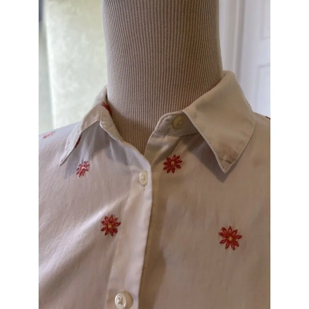 Madewell Women’s Embroidered White Button Up Size S Short Sleeve Blouse‎ Flowers